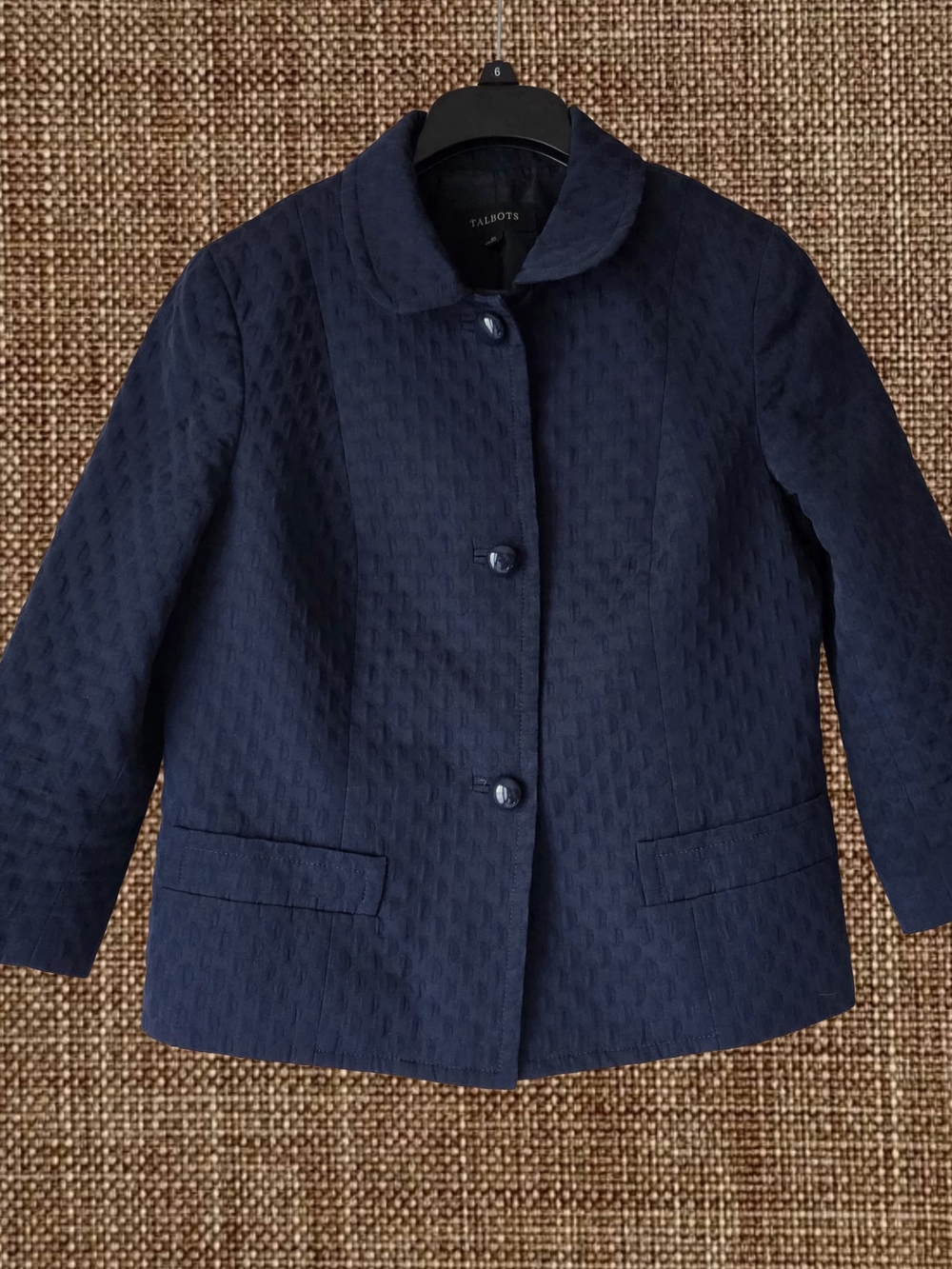 Talbots Navy Textured Button Jacket with Peter Pan Collar